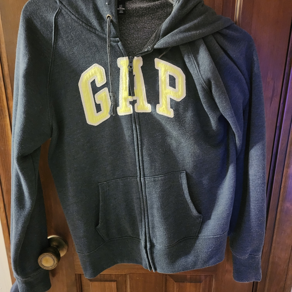 GAP Charcoal Hoodie with Vibrant Yellow Lettering